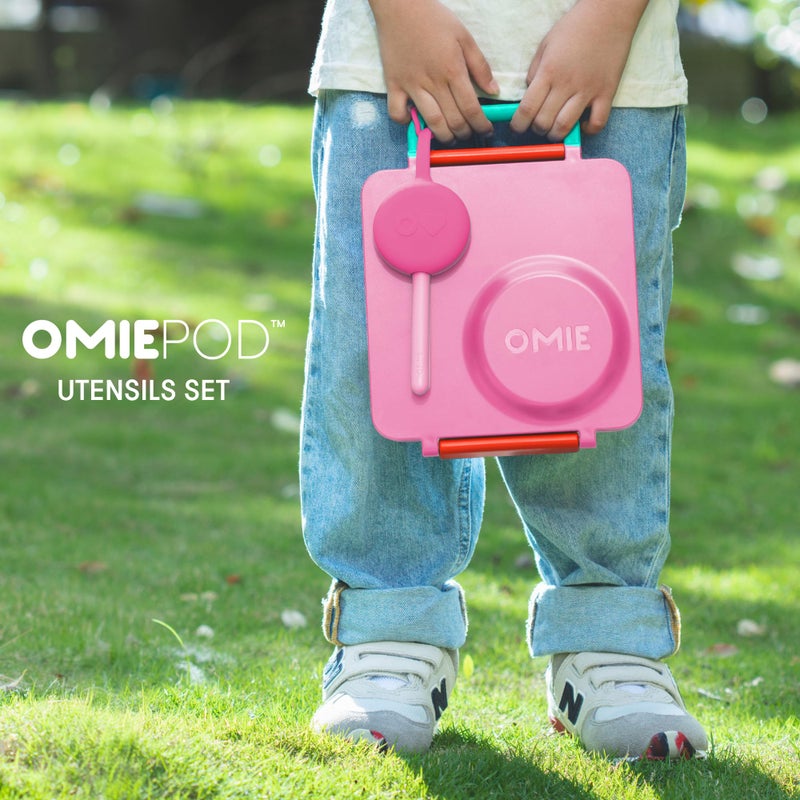 Omie OmieBox Kids Utensils Set with Case - 2 Piece Plastic, Reusable Fork and Spoon Silverware with Pod for Kids (Bubble Pink) - Image 2