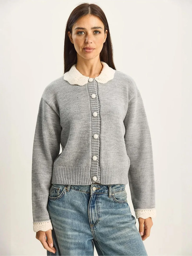 Bianco Lucci Grey LUCCI Thick Ribbed Knit Cardigan with Button Closure for Women | Best Price UAE