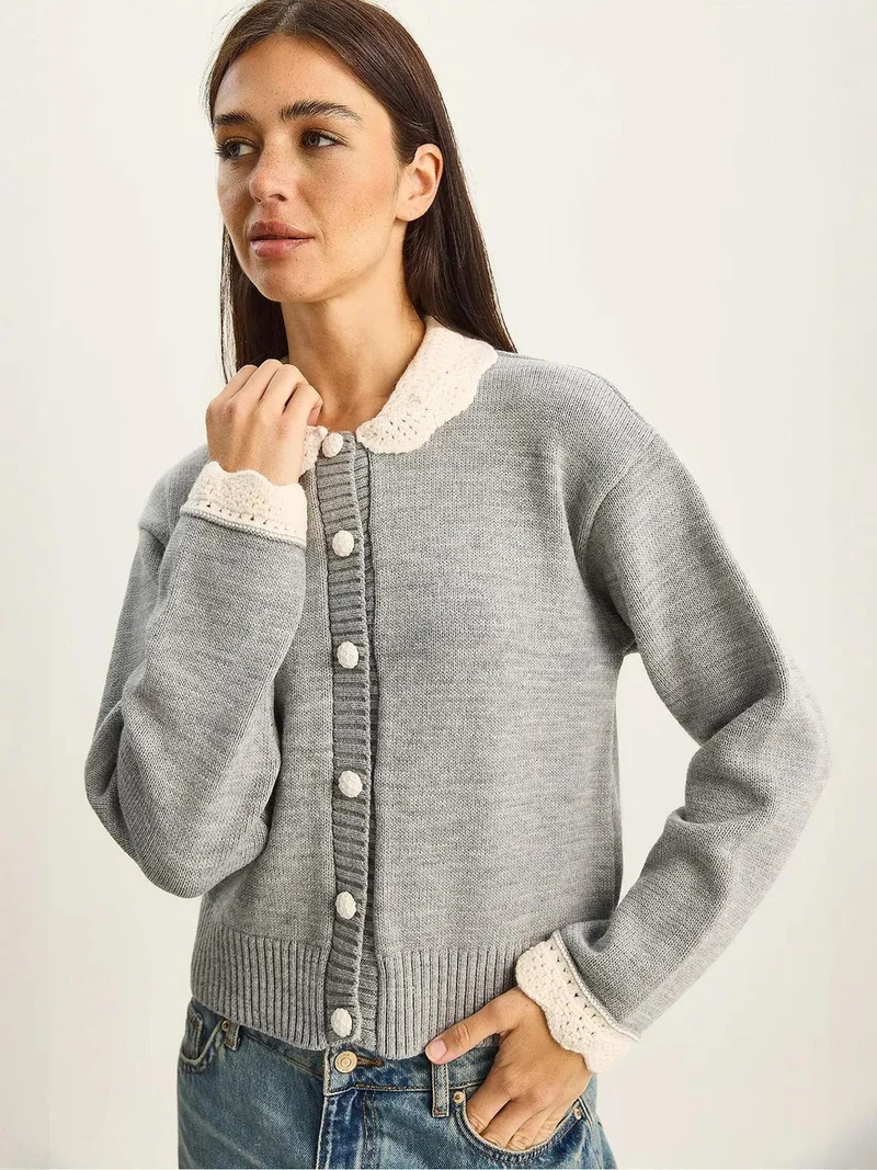 Bianco Lucci Grey LUCCI Thick Ribbed Knit Cardigan with Button Closure for Women | Best Price UAE