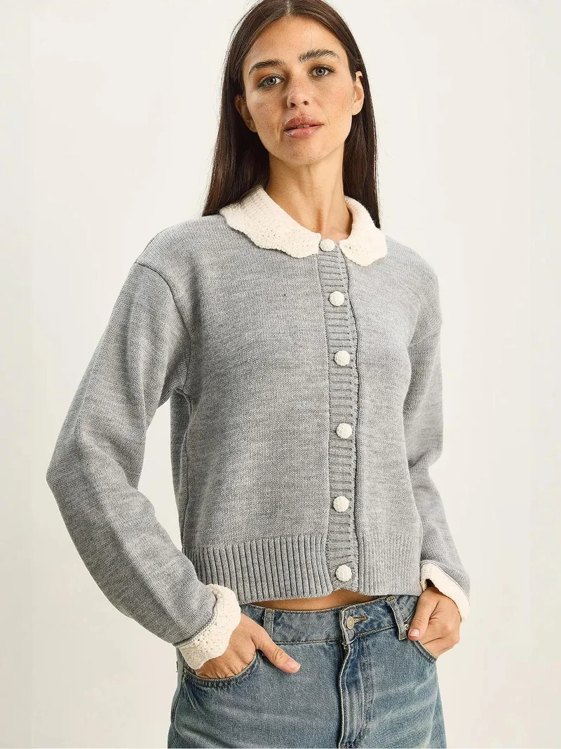 Bianco Lucci Grey LUCCI Thick Ribbed Knit Cardigan with Button Closure for Women | Best Price UAE