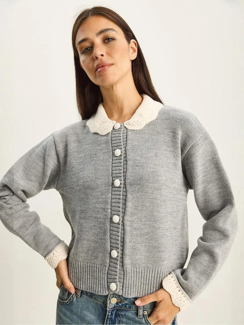 Bianco Lucci Grey LUCCI Thick Ribbed Knit Cardigan with Button Closure for Women | Best Price UAE