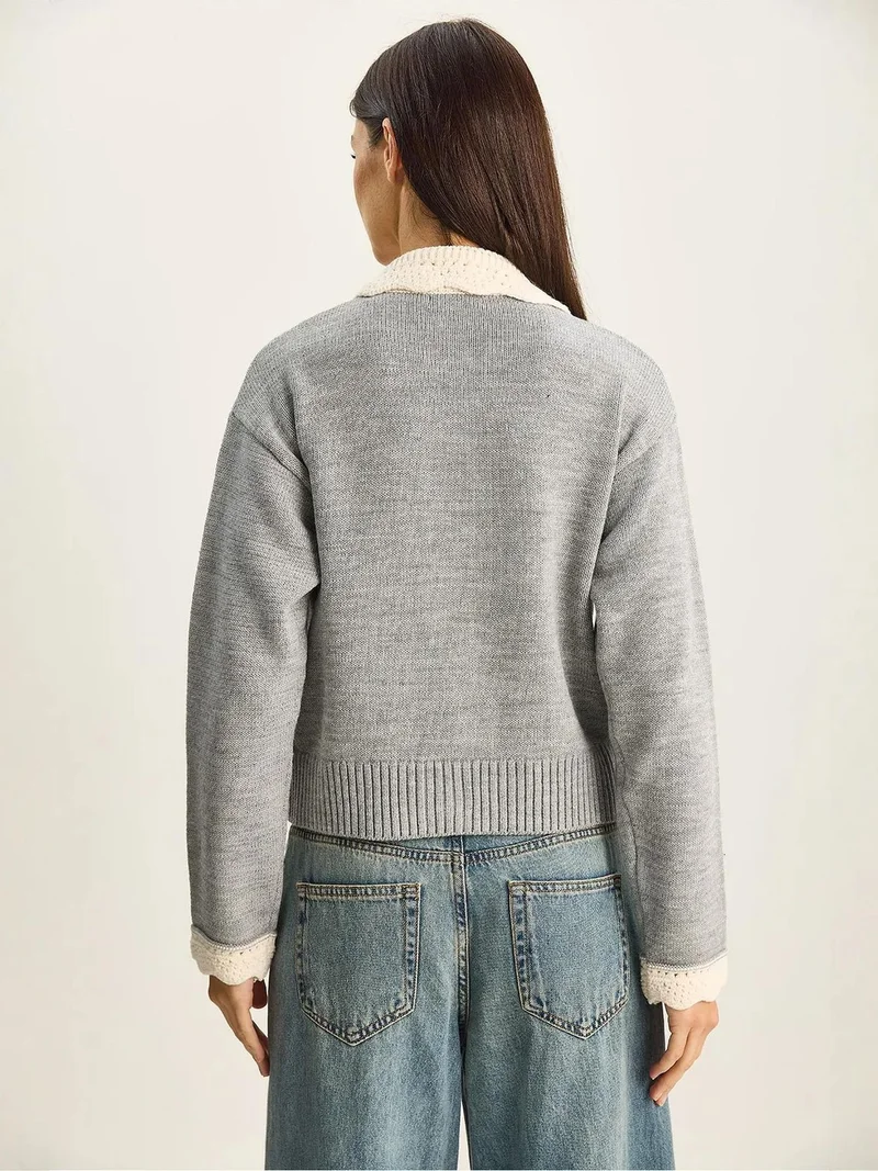 Bianco Lucci Grey LUCCI Thick Ribbed Knit Cardigan with Button Closure for Women | Best Price UAE