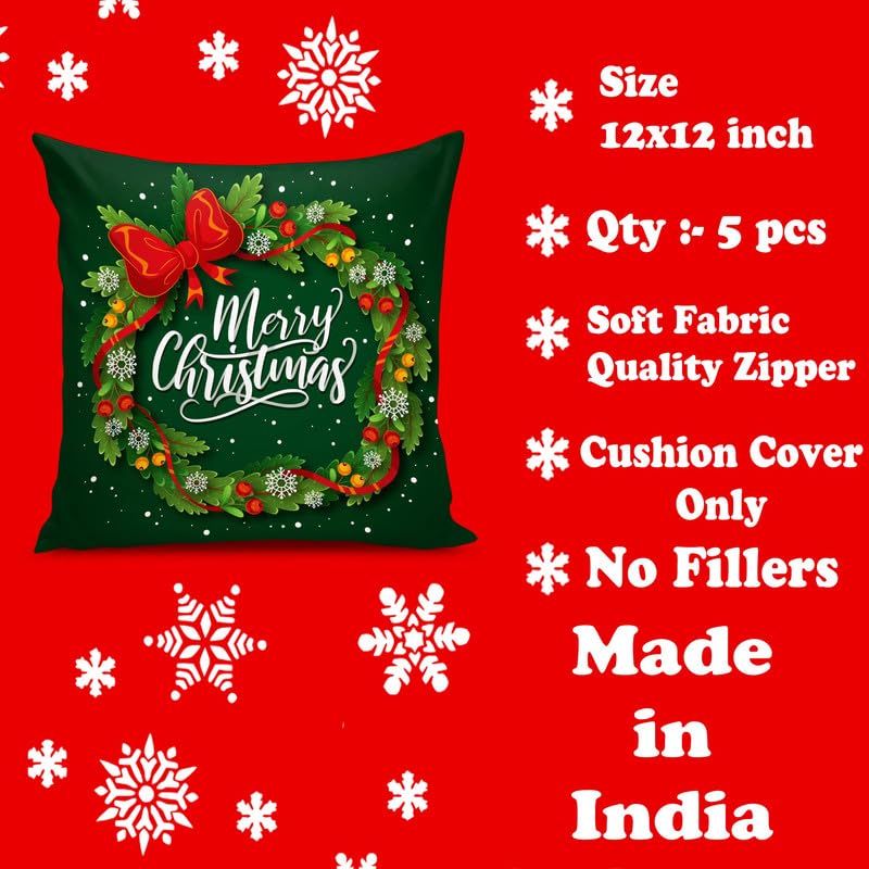BMRGIFTS Soft Fabric Designer Decorative Printed Merry Christmas Theme Cushion Cover Xmas Decorations for Sofa Living Room Set of 5 12 x 12 inch Multi (CHMCC90) - Image 5