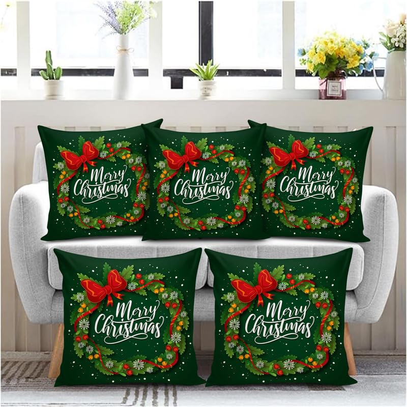 BMRGIFTS Soft Fabric Designer Decorative Printed Merry Christmas Theme Cushion Cover Xmas Decorations for Sofa Living Room Set of 5 12 x 12 inch Multi (CHMCC90) - Image 1