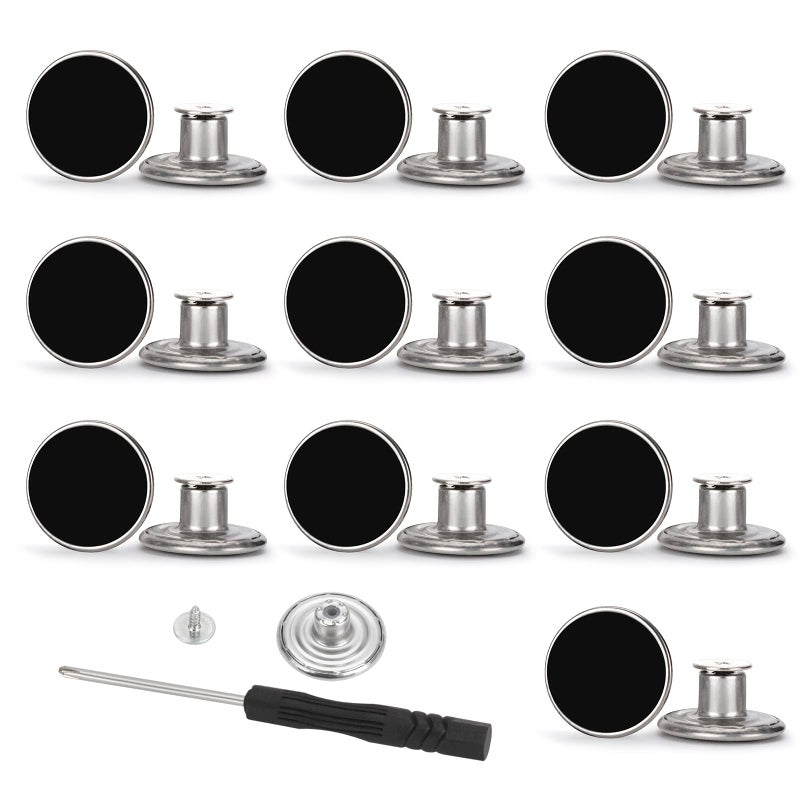 ZENGLU 20 Sets of 17mm Button for Sewing Metal Jeans, No-Sew Nailess Removable Metal Jeans Buttons Replacement Repair Combo Thread Rivets and Screwdrivers(Black Colours) - Image 1