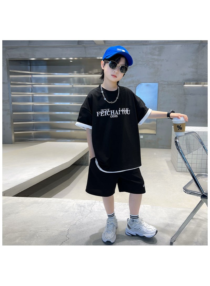 Cool Boy Fashion Print Casual Short Sleeved Shorts Set Suitable For Ages 5-15  - Image 1