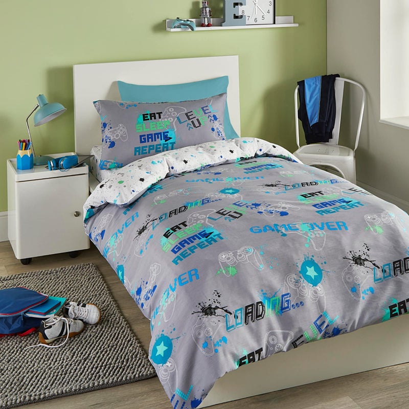 Bedlam Grey Gaming Duvet Cover  Single 200 x 140cm Reversible 2 Designs Glows in Dark
