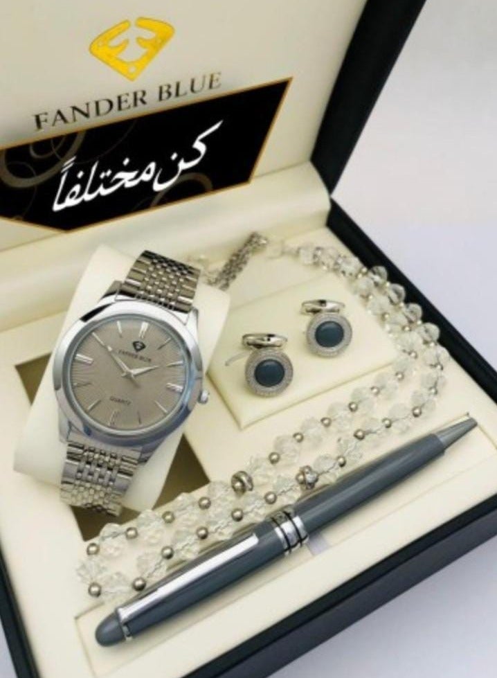 ANEMAR MAN Gift Set Men's Watch Set of 4 Pieces Watch with Pen Set of Buttons and Rosary