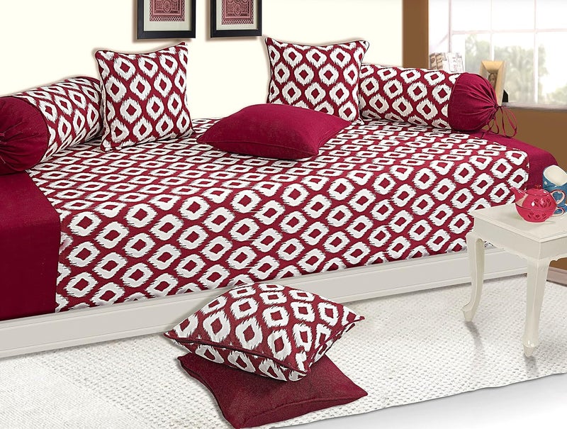 SHADES OF LIFE SHADES OF LIFE Cotton Maroon Ikkat Diwan Set with 1 Bedsheet 5 Cushions Covers and 2 Bolsters Covers for Living Room 60 90 Inch 