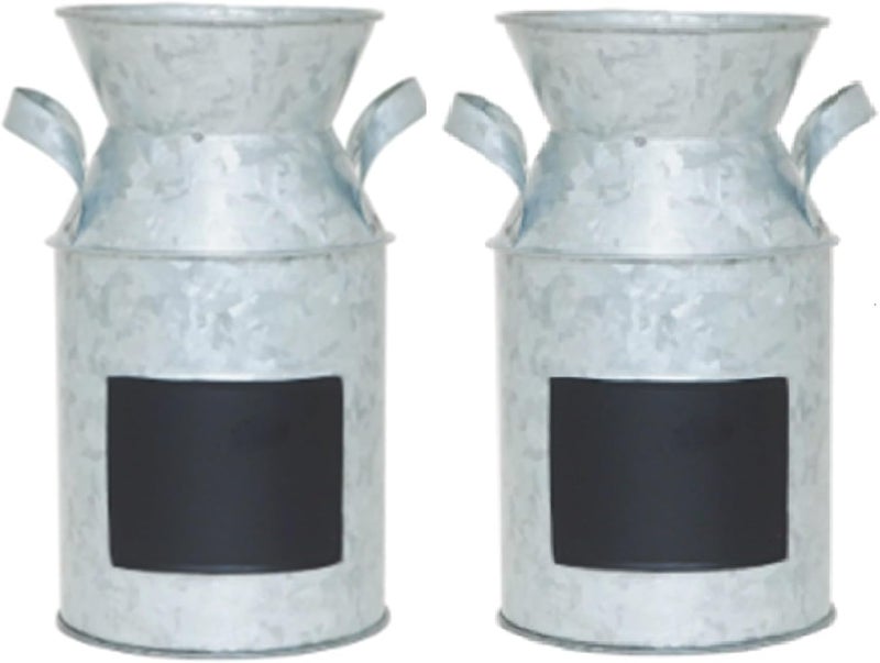 Hosley Set of 2 Metal Chalkboard Milk Can Vases – 7.25" High Decorative Farmhouse Flower Holder, Rustic Vintage Style Vase for Floral Arrangements, Weddings, Home Décor & Special Events - Image 1