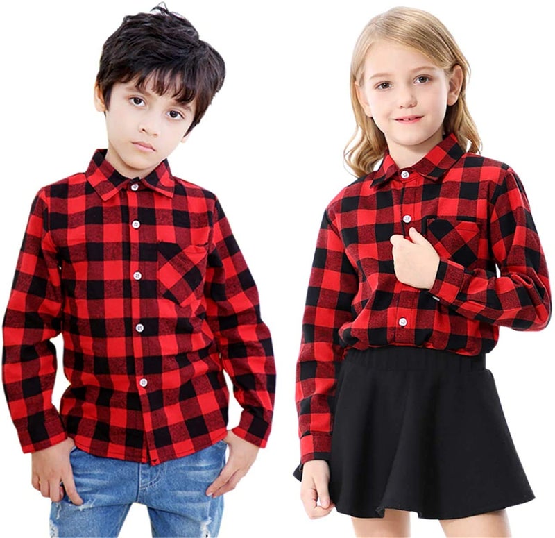 SANGTREE Boys Flannel Shirt Long Sleeve Button Down Plaid Shirt Red Black, 7-8 Years = Tag 140 - Image 2
