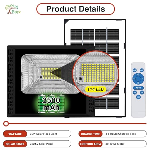 Epyz 30Watt Solar Flood Light Outdoor Garden Waterproof with Remote Control for Home Wall Compound Entrance Automatic LED Lamp [ Pack of 1, Warm Yellow Light ] [ 2500mAh, 114LED ] - Image 4