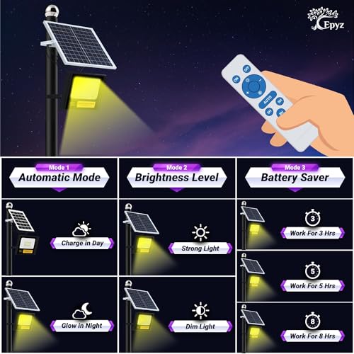 Epyz 30Watt Solar Flood Light Outdoor Garden Waterproof with Remote Control for Home Wall Compound Entrance Automatic LED Lamp [ Pack of 1, Warm Yellow Light ] [ 2500mAh, 114LED ] - Image 5