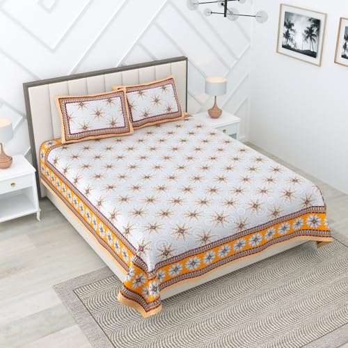 RajasthaniKart Pure Cotton 180 Tc King Size Bedsheet with 2 Pillow Cover - 90X108 (Suitable for King Size Bed Sheet Or Double Bed, Yellow) PSP 124, Floral - Image 2