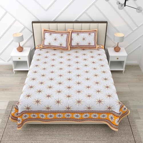RajasthaniKart Pure Cotton 180 Tc King Size Bedsheet with 2 Pillow Cover - 90X108 (Suitable for King Size Bed Sheet Or Double Bed, Yellow) PSP 124, Floral - Image 1
