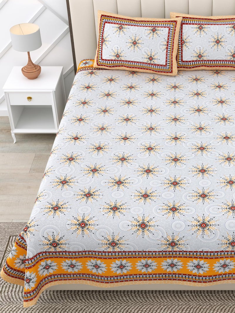 RajasthaniKart Pure Cotton 180 Tc King Size Bedsheet with 2 Pillow Cover - 90X108 (Suitable for King Size Bed Sheet Or Double Bed, Yellow) PSP 124, Floral - Image 3