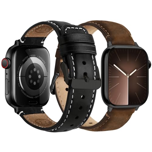Fullmosa Leather Band Compatible with Apple Watch Bands 42mm 41mm 40mm 38mm,Top Grain Genuine leather iWatch Straps for Apple Watch SE 3/2/1 Series11 10 9 8 7 6 5 4 3 2 1,Coffee+Black/Black+Black - Image 1