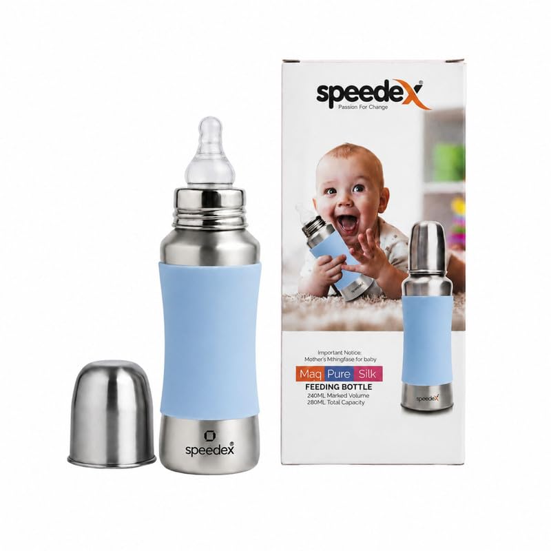 Speedex Stainless Steel Baby Feeding Bottle with Internal ML Marking, Silicon Grip (240 ml) (1 Extra Nipple Free) (Green, 240ml) - Image 1