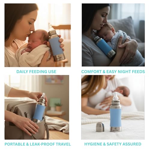 Speedex Stainless Steel Baby Feeding Bottle with Internal ML Marking, Silicon Grip (240 ml) (1 Extra Nipple Free) (Green, 240ml) - Image 5