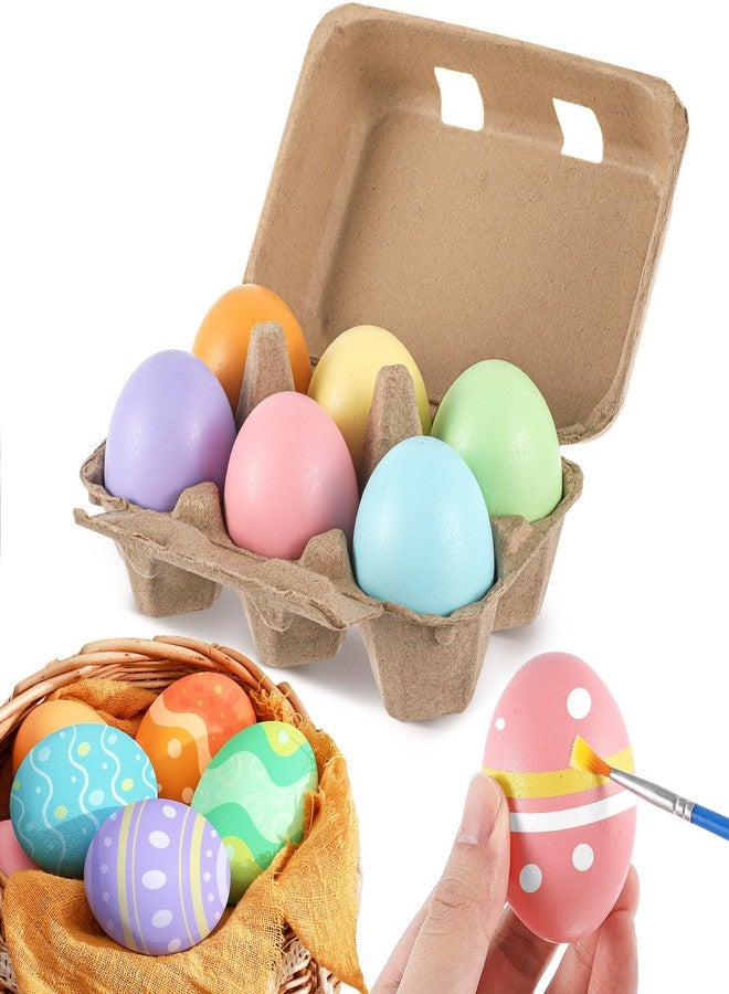 MiniInflat 6 Pcs Easter Wooden Eggs for Crafts Easter Colorful Fake Eggs Wooden Pastel Colored Decorative Craft with Colorful Egg Tray for Spring DIY Displays, 2.36 x 1.57 Inch (Macaron Color) - Image 1