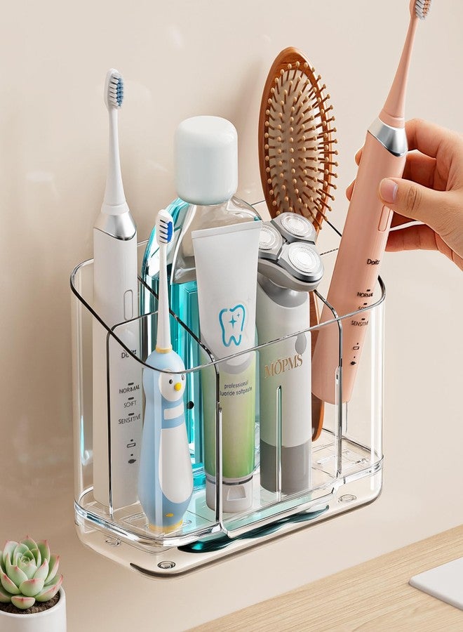 MOPMS Toothbrush Holders for Bathrooms, 5 Slots Adjustable Divider Tooth Brush and Toothpaste Holder for Easy Clean, Wall Mounted & Countertop Organizer with Drain Tray for Shower/Kitchen - Image 1