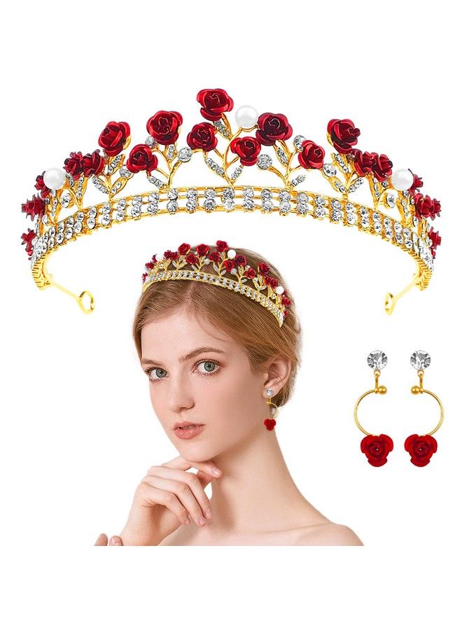 Aswewamt Red Rose Tiaras Bridal Wedding Queen Crowns Gold Flower Baroque Princess Crown Pearls Crystal Gold Headbands Earrings Rose Pendant Flower Jewelry For Women Girls - Image 1