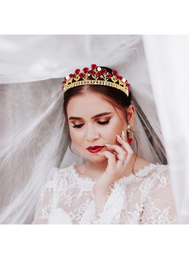 Aswewamt Red Rose Tiaras Bridal Wedding Queen Crowns Gold Flower Baroque Princess Crown Pearls Crystal Gold Headbands Earrings Rose Pendant Flower Jewelry For Women Girls - Image 5