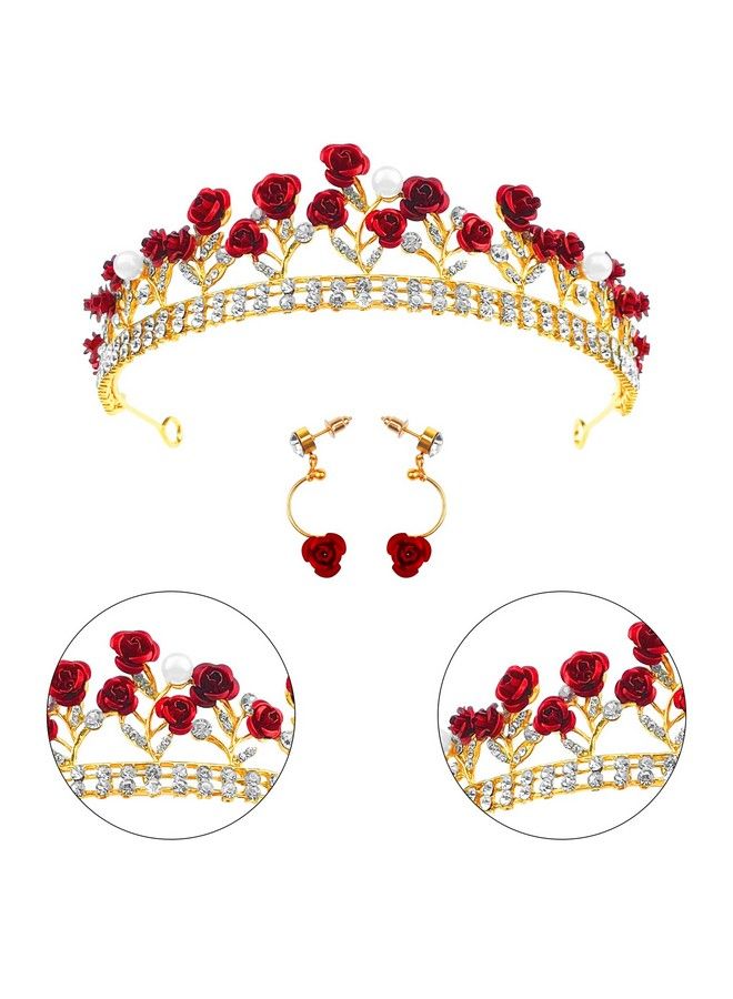 Aswewamt Red Rose Tiaras Bridal Wedding Queen Crowns Gold Flower Baroque Princess Crown Pearls Crystal Gold Headbands Earrings Rose Pendant Flower Jewelry For Women Girls - Image 4