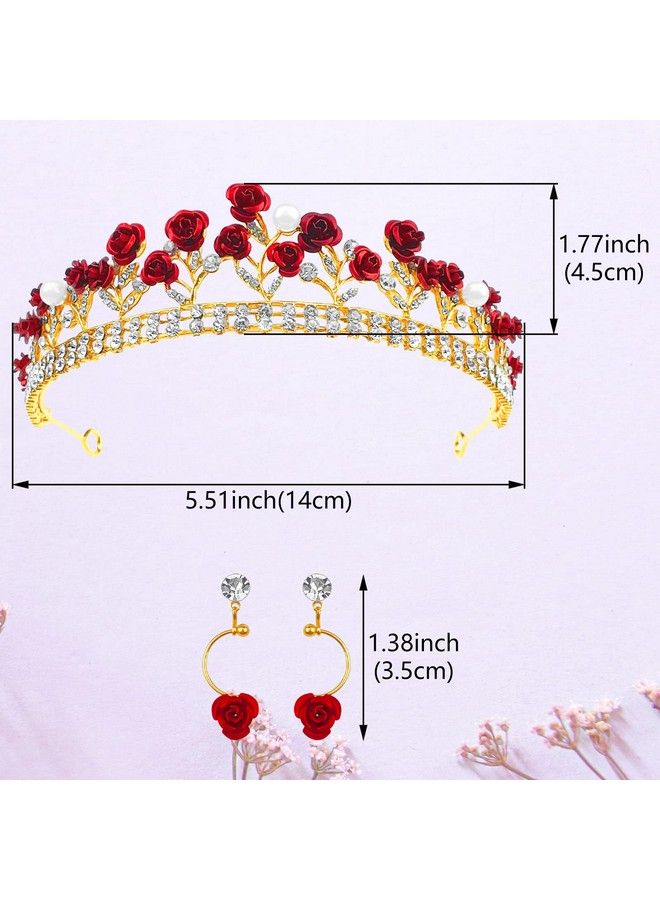 Aswewamt Red Rose Tiaras Bridal Wedding Queen Crowns Gold Flower Baroque Princess Crown Pearls Crystal Gold Headbands Earrings Rose Pendant Flower Jewelry For Women Girls - Image 3