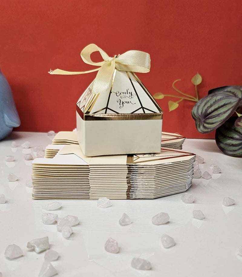 Satyam Kraft SATYAM KRAFT 20 Pcs Diamond Shape Gift Boxes with Ribbon | Return Gift for Wedding, Birthday, Baby Shower | Chocolate & Dry Fruit Box for Him, Her, Girlfriend, Boyfriend (Pack of 20) (Off White)  - Image 1