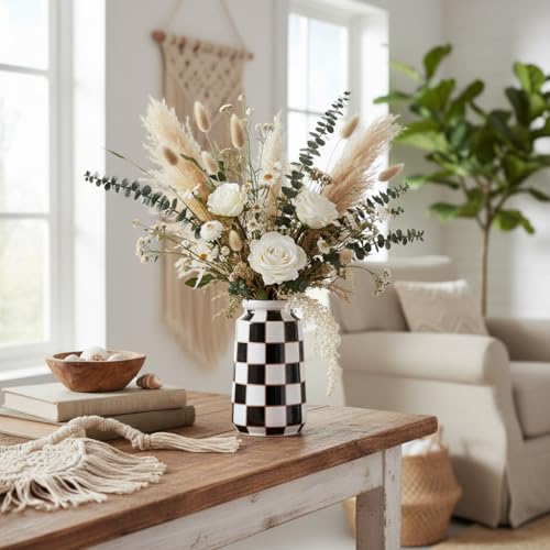 GAOSHENG Checkerboard Ceramic Vase - Porcelain Black and White Checkered Decorative Vases for Home Decor,Elegant Flower&Pampas Grass for Centerpieces,Thanksgiving/Halloween for Living Room Kitchen - Image 2