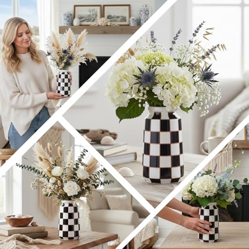 GAOSHENG Checkerboard Ceramic Vase - Porcelain Black and White Checkered Decorative Vases for Home Decor,Elegant Flower&Pampas Grass for Centerpieces,Thanksgiving/Halloween for Living Room Kitchen - Image 4