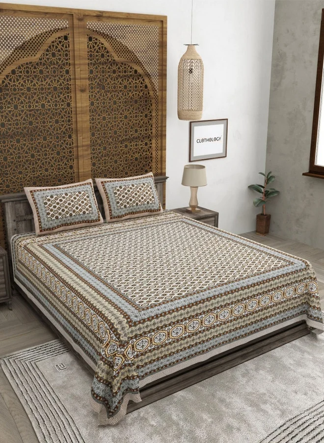 CLOTHOLOGY CLOTHOLOGY Brown Floral Pure Cotton 180 TC King Size Bedsheet with 2 Pillow Covers