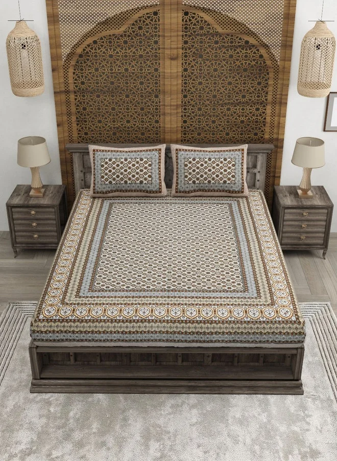 CLOTHOLOGY CLOTHOLOGY Brown Floral Pure Cotton 180 TC King Size Bedsheet with 2 Pillow Covers