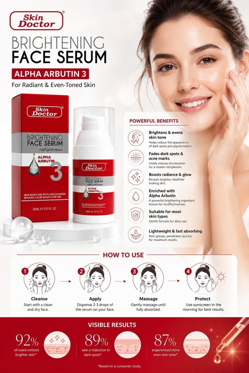 Skin Doctor Brightening Face Serum Alpha Arbutin Helps Reduce Dark Spots & Discoloration, Revealing A More Radiant & Even Skin 30ml - Image 3