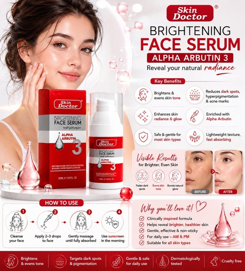 Skin Doctor Brightening Face Serum Alpha Arbutin Helps Reduce Dark Spots & Discoloration, Revealing A More Radiant & Even Skin 30ml - Image 4