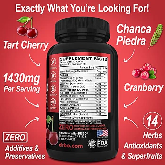 dr.bo Uric Acid Cleanse Support Supplement - Kidney Herbal Supplements Pills with Chanca Piedra, Celery & Tart Cherry Extract Formula - Joint Support, Uric Acid Flush & Kidney Cleanse Detox Purge Capsules - Image 4