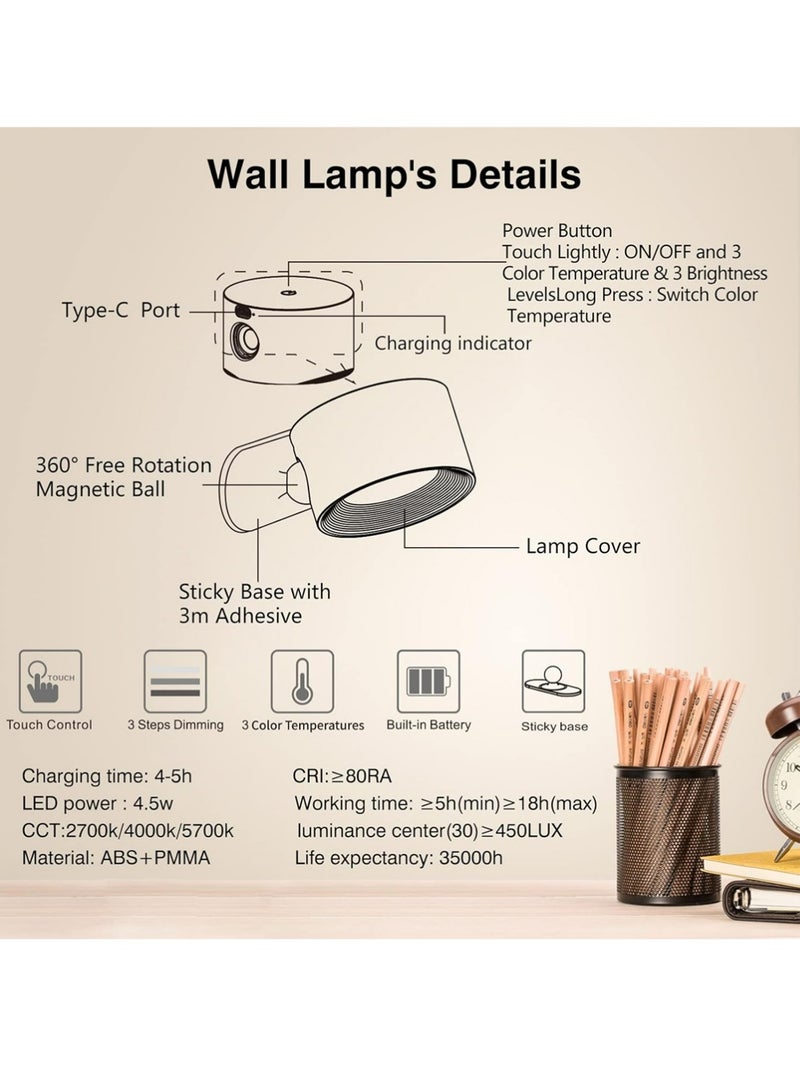 إكس ليفيل LED Sconces ، مصابيح مثبتة على الجدار مع بطارية قابلة للشحن تعمل على منفذ USB 3 درجات حرارة لون و 3 مستويات سطوع 360 درجة تدور الكرة المغناطيسية ، أضواء لاسلكية للقراءة بجانب السرير - Image 4