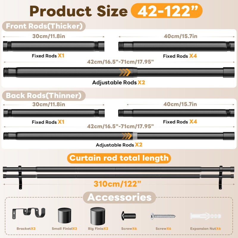 Abiglifty Double Curtain Rod 42 to 122 Inch, 1 Inch Telescoping Double Curtain Rods for Windows, Black Double Curtain Rod with Classic Cap Finial, Black - Image 2