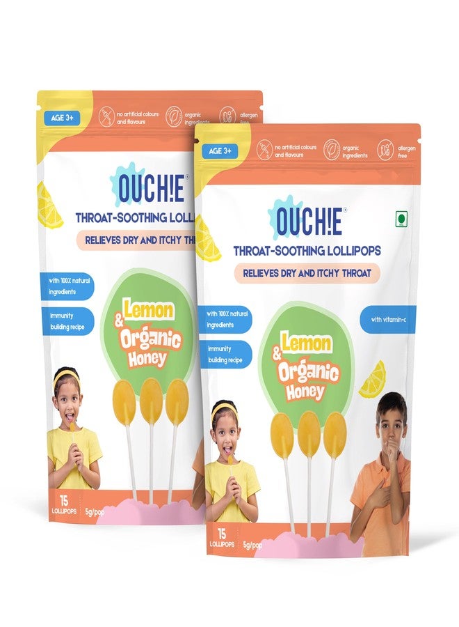 Ouchie Kids Throat-Soothing Lollipops Pack of 2 – Lemon with Organic Honey & Vitamin C | Helps Relieve Dry, Itchy Throat | Immunity Support | Pack of 2 (30 Lollipops) - Image 1