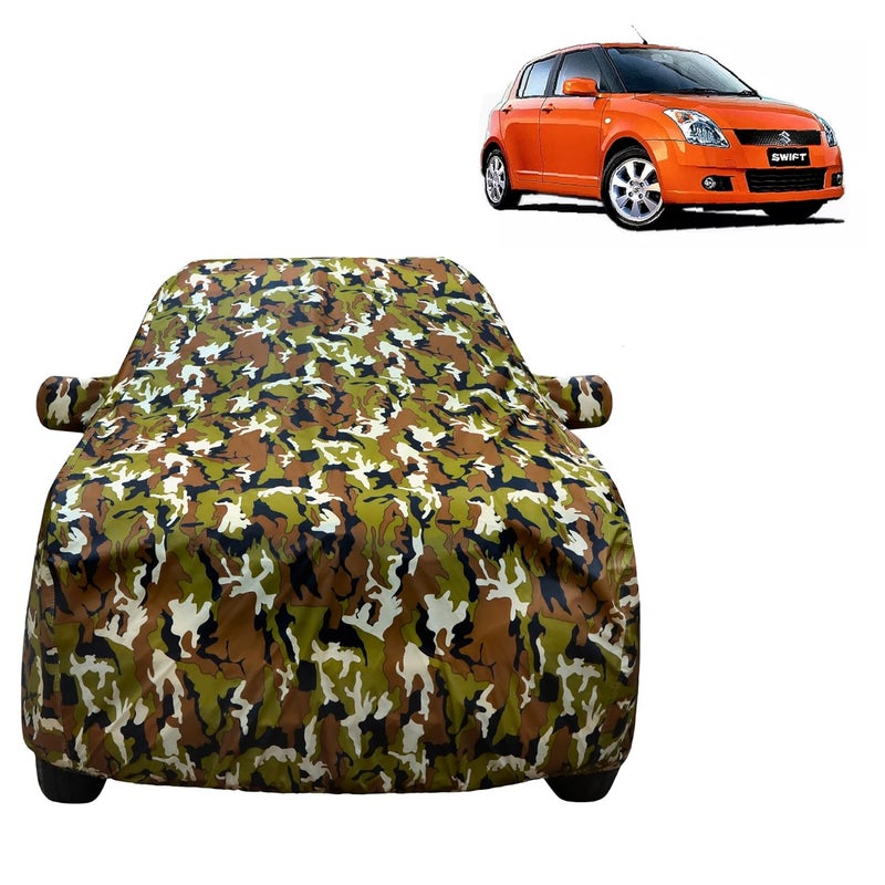VYAS 100% Waterproof Car Body Cover for Maruti Suzuki Swift (2005-2010) with Mirror Pocket Triple Stitched Belt & Buckle Fitting Dual Elastic, Durable Material Jungle Print Camouflage Design - Image 1