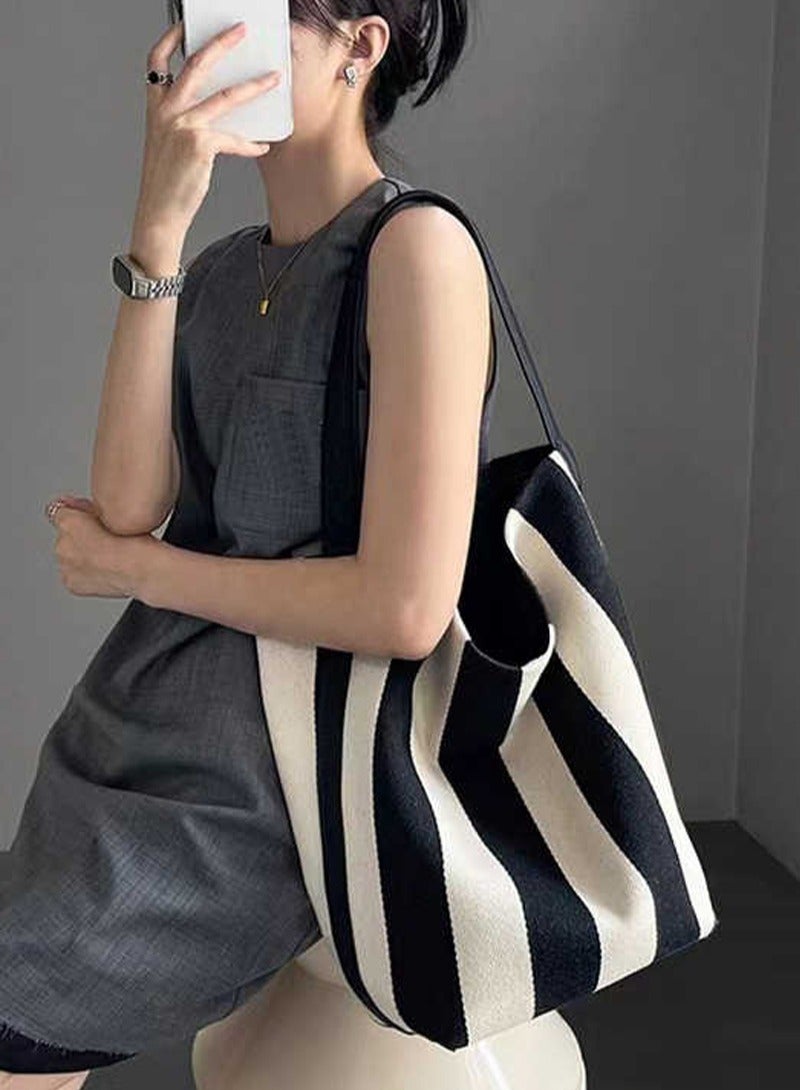 Women Shoulder Handbags Casual Stripe Hobo Bags Canvas Large Capacity Shopper Tote Bag - Image 2
