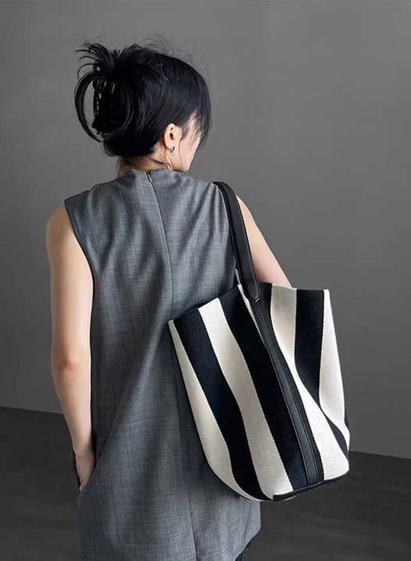 Women Shoulder Handbags Casual Stripe Hobo Bags Canvas Large Capacity Shopper Tote Bag - Image 3