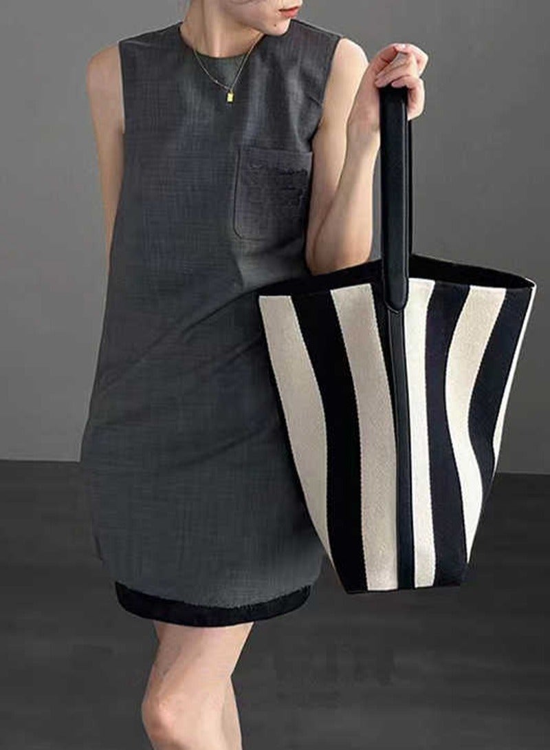 Women Shoulder Handbags Casual Stripe Hobo Bags Canvas Large Capacity Shopper Tote Bag - Image 5