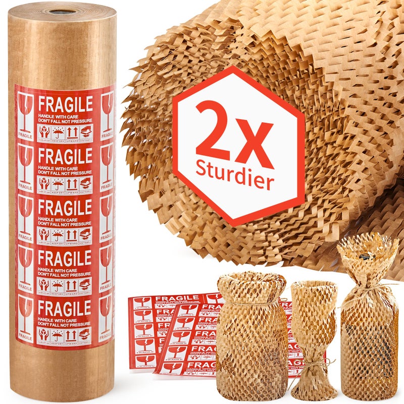 JARLINK Honeycomb Packing Paper, 15"x 213' Bubble Packing Wrap for Packing/Shipping/Moving, Eco-Friendly Bubble Packing Paper Wrapping Roll, Recyclable Moving Supplies With 20 Fragile Sticker Labels - Image 1