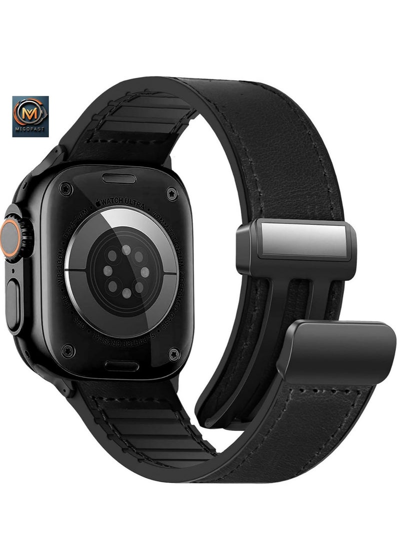 MIGOFAST Magnetic Leather Watch Band for Apple Watch Ultra 41mm/40mm/38mm  Magnetic Buckle Genuine Leather Watch Series 8/ultra/7/SE/6/5/4/3/2/1,iWatch Bands for Apple Watch Series Black - Image 1