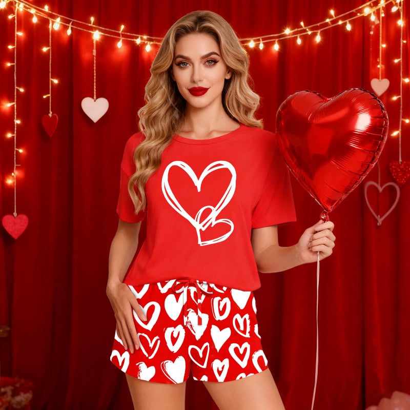 PECHAR Valentine Pajamas Women: Valentines Pjs 2 Piece Short Sleeve Heart Shirts and Pants Sleepwear Set Loungewear - Image 2