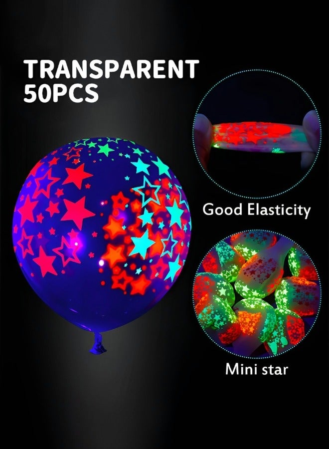 GROIC 50 Pieces Neon Glow Balloons Stars Glow in Balloons Black Light Fluorescent Arch Party Decoration Balloons Neon Latex Balloons Party Supplies (Clear) - Image 4