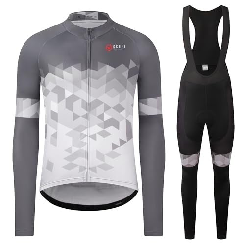 GCRFL Winter Cycling Jersey Sets Thermal Fleece Bike Jersey + Bib Pants, Long Sleeve Cycling Clothing Sets for Man (Grey White, XL) - Image 1