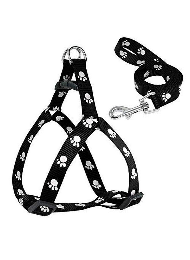 Pet Paw Print Nylon Puppy Harness + Leash And Collar Set For Small & Medium Dogs (Black) - Image 3